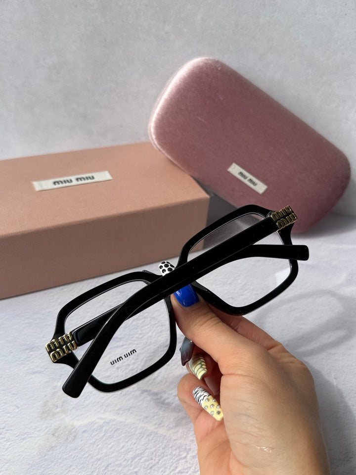 Black square eyeglass frames with gold logo on temple and metal hinge