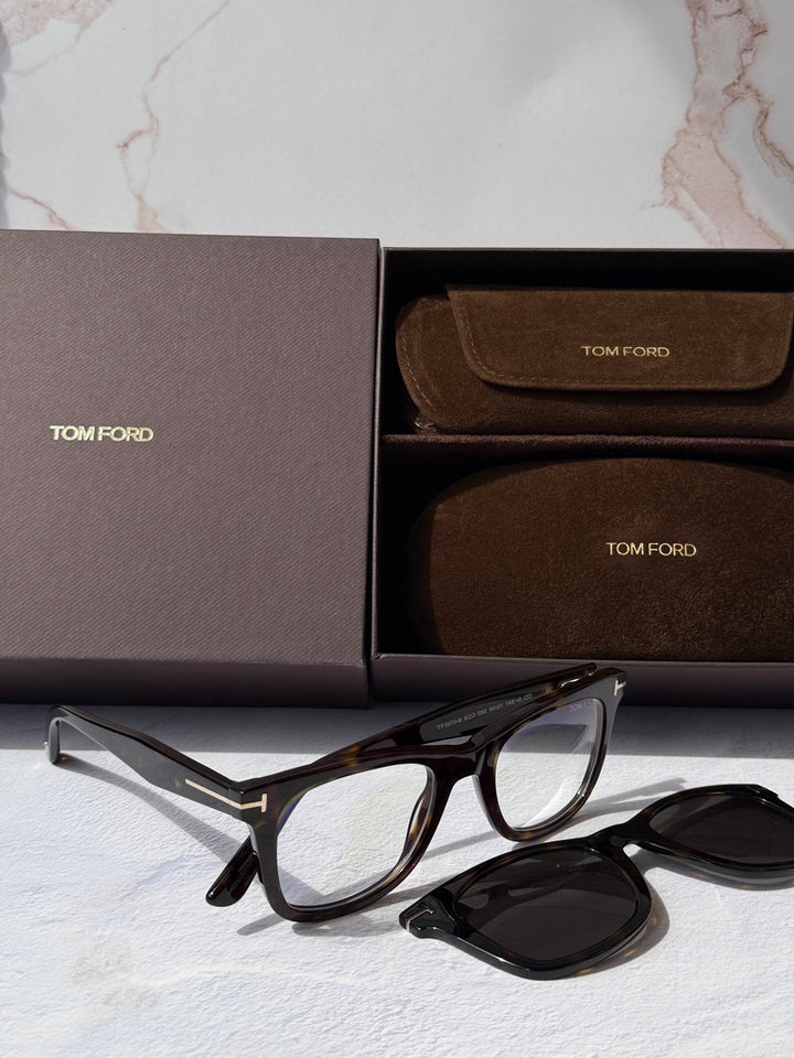Square clip-on sunglasses with Havana-brown eyeglass frame and black clip lens