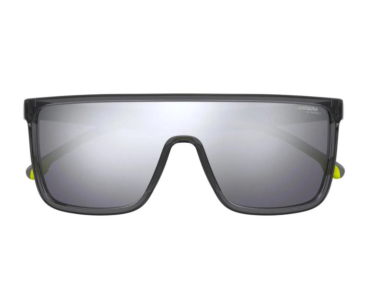 Carrera rectangular sunglasses, grey transparent frame with dark mirrored lenses, neon accents