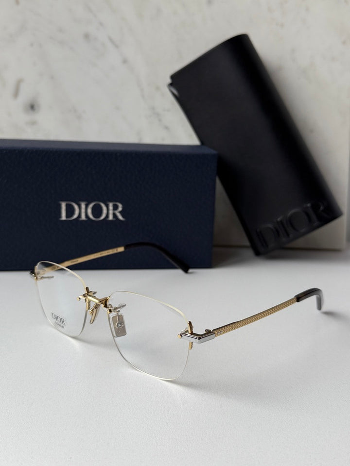 DIOR rimless eyeglasses angled view with two-tone metal and clear lenses