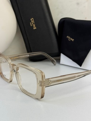 Celine rectangular eyeglass frames, translucent clear with gold-tone side arm detail