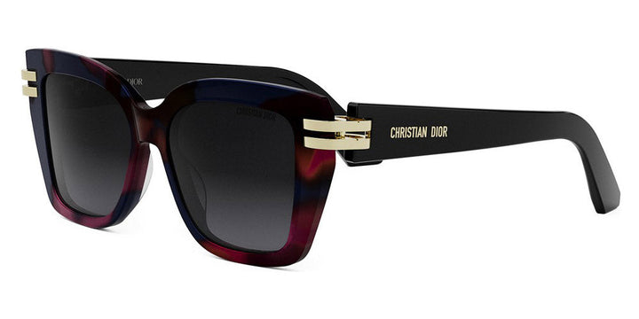Oversized butterfly sunglasses with dark lenses, red havana frame, gold logo temple