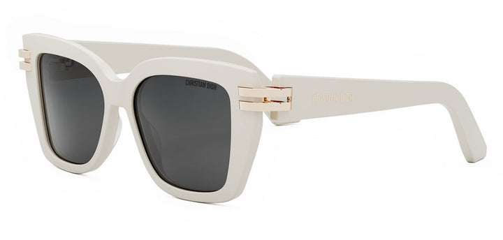 Oversized butterfly sunglasses with white frame and dark square lenses, gold logo detail