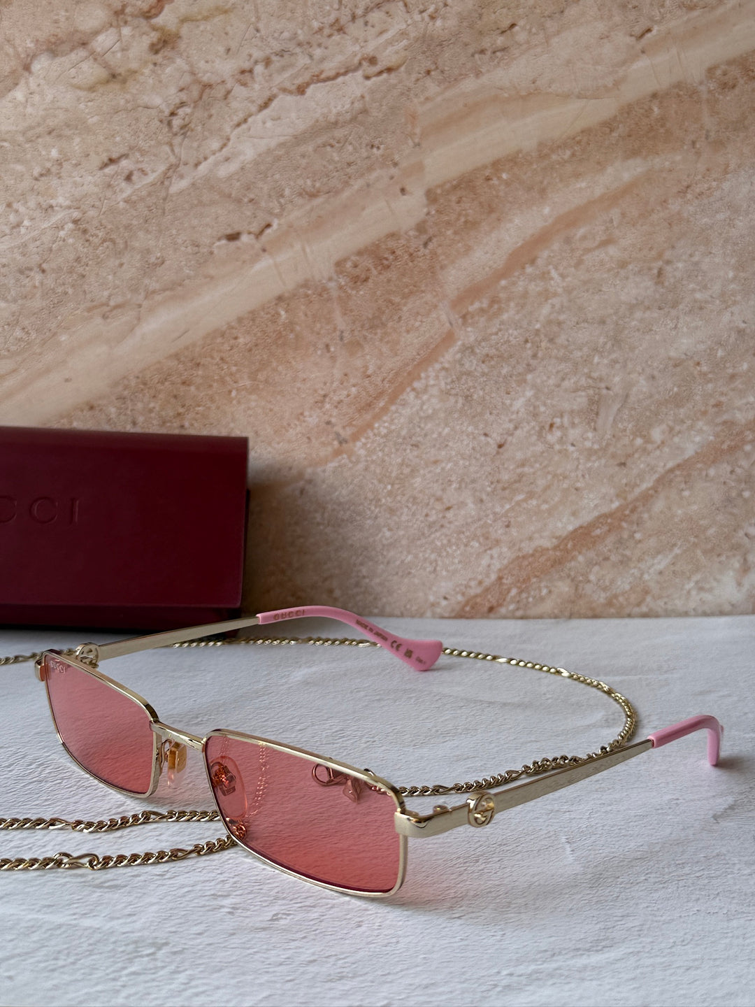 Gucci GG1600S Gold Pink Chain Rectangular Sunglasses