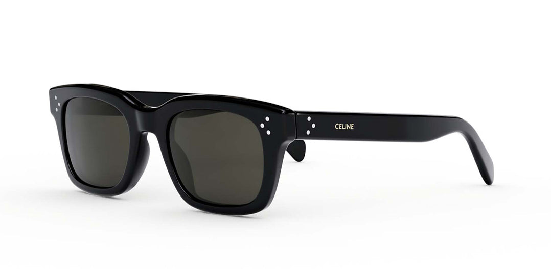 Black unisex square sunglasses with dark lenses and studded temple details