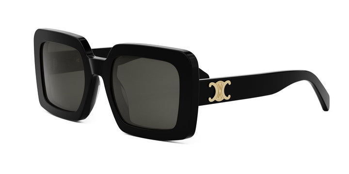 Celine black square sunglasses with dark lenses and gold logo on temple