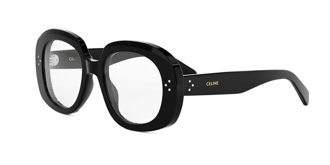 Oversized black eyeglass frames with Celine logo on temple, round-square style
