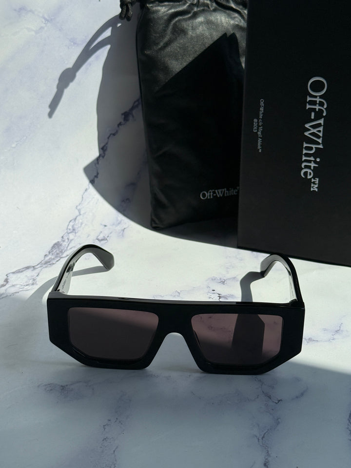 Off-White black square sunglasses with dark lenses, front view