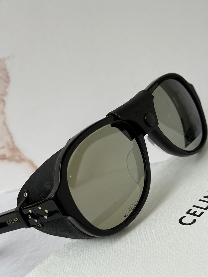 Celine CL40301U Black Leather Shield Aviator Sunglasses