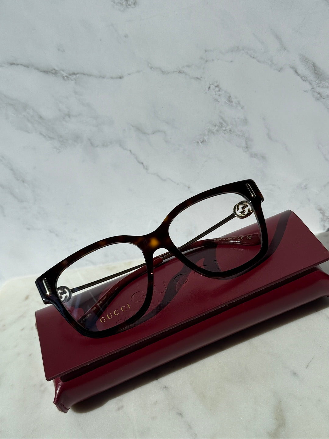 Gucci Havana brown eyeglasses, dark frame with gold hardware and logo