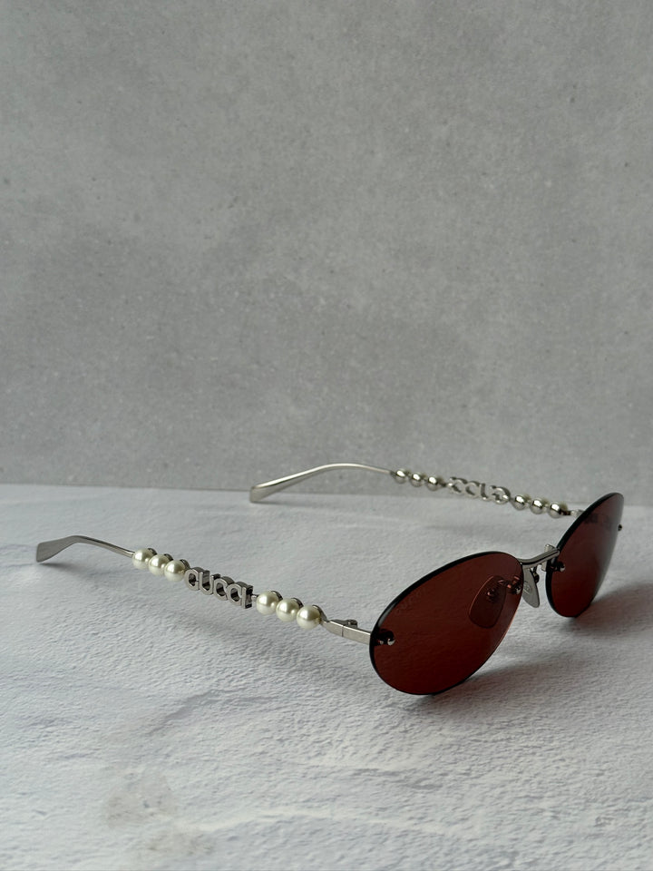 Gucci GG1922S Rimless Oval Pearl Sunglasses in Silver Red