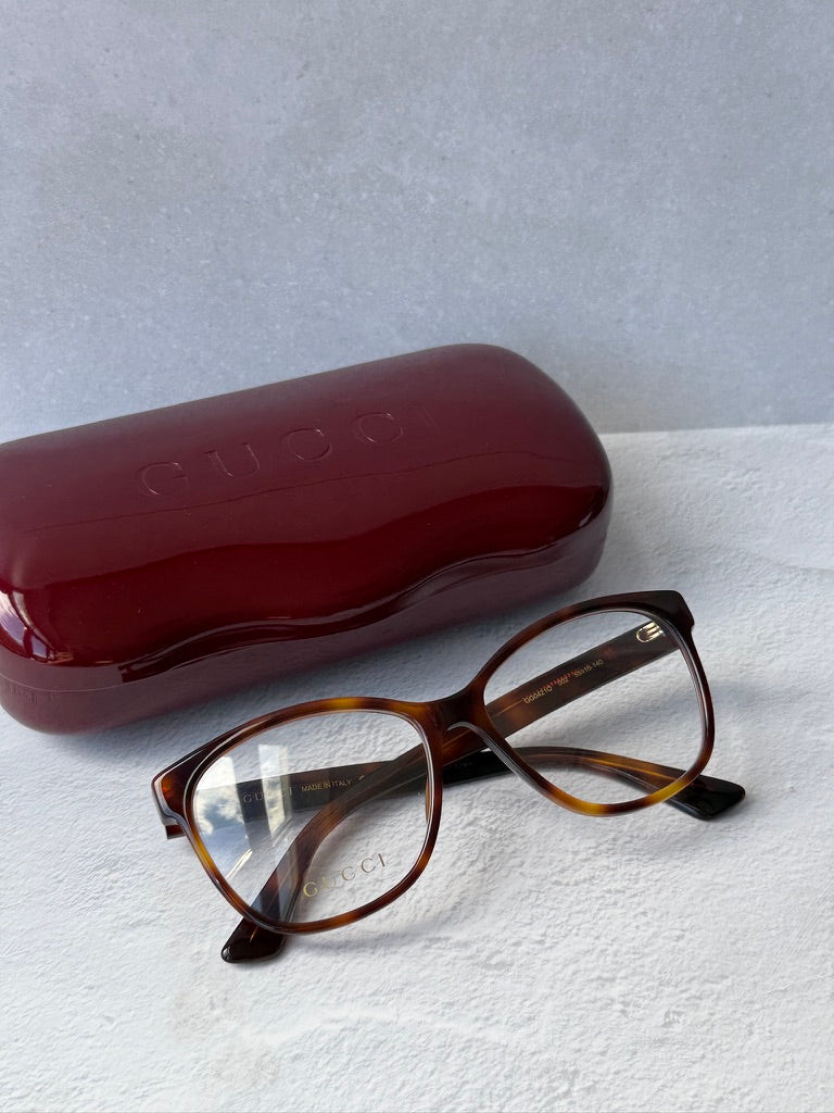 Gucci GG0421O Crystal Logo Cat Eye Eyeglasses Frames in Havana Brown