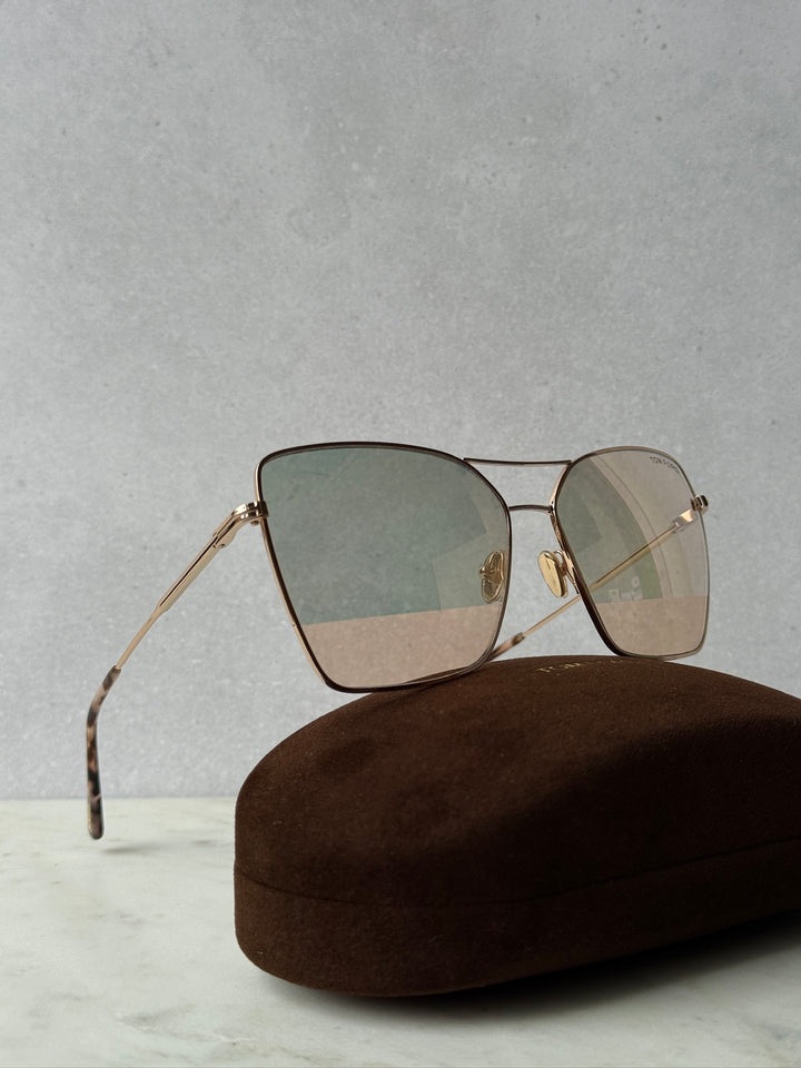 Gold mirror aviator sunglasses, side view with square-rectangle tinted lenses