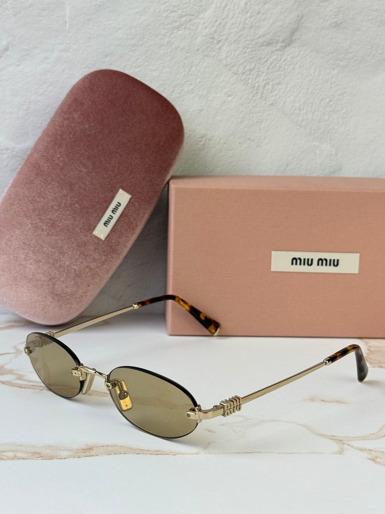 Miu Miu MU A54S Gold Yellow Oval Rimless Sunglasses