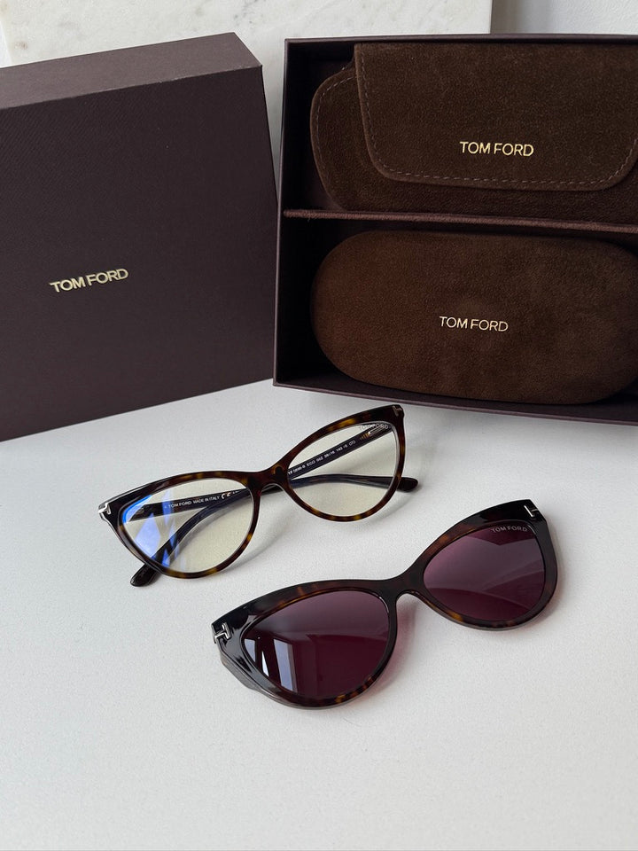 Tom Ford cat-eye clip-on sunglasses set, havana-brown and clear frames shown