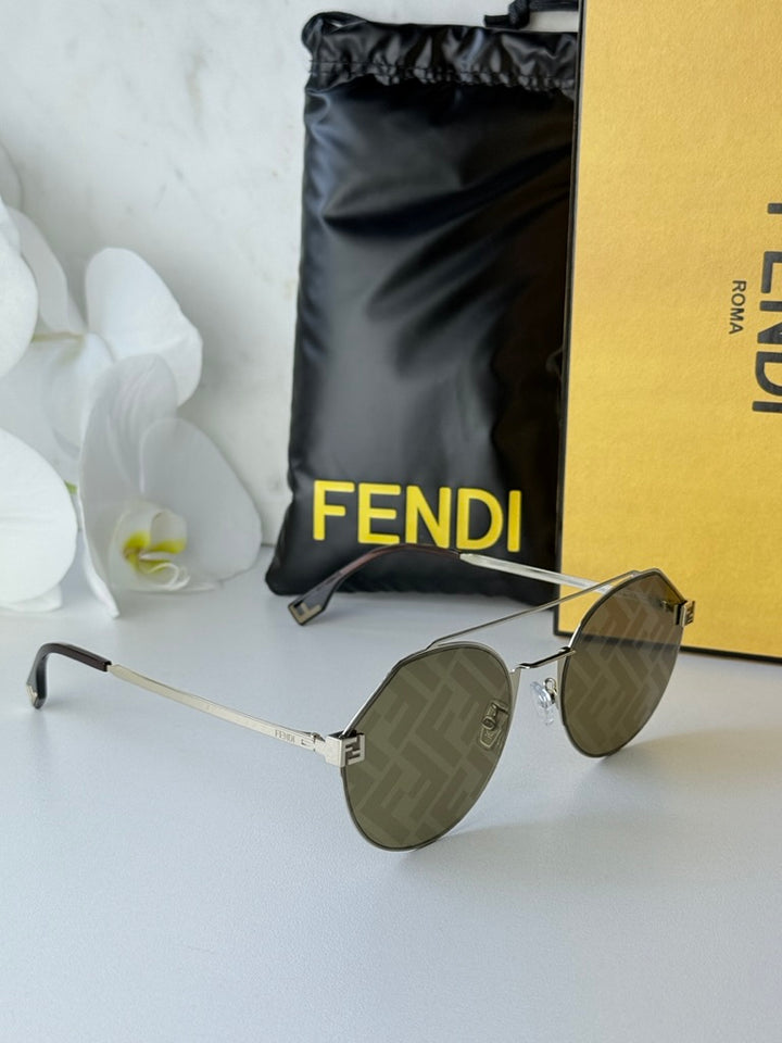 Round gold metal sunglasses with olive-tinted FF mirror lenses and logo temple
