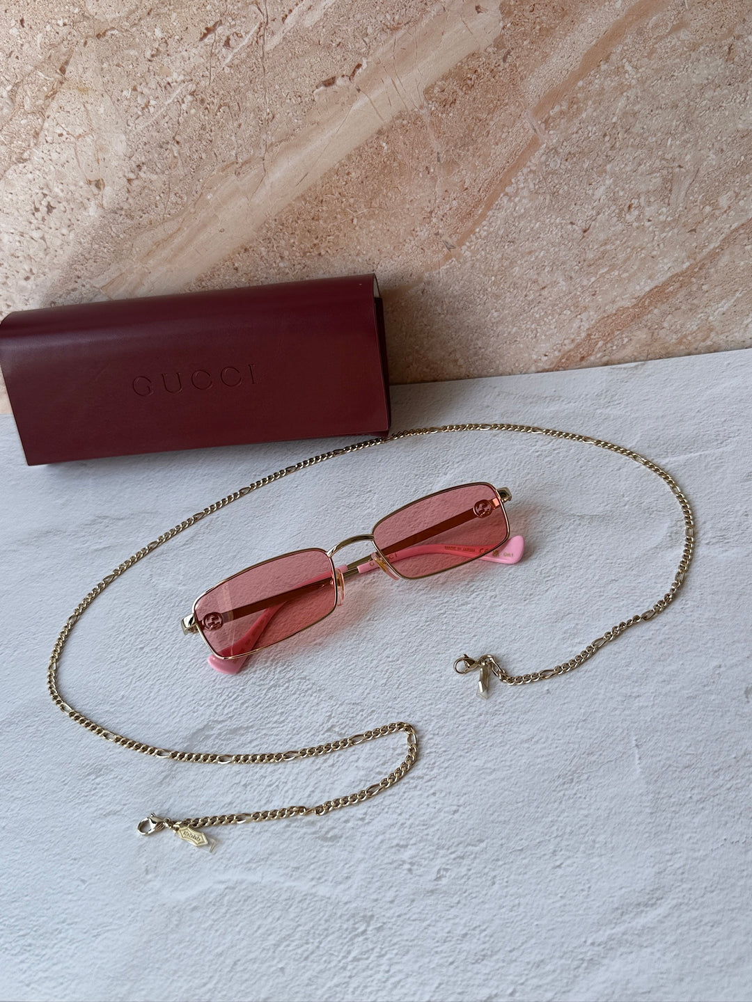 Gucci GG1600S Gold Pink Chain Rectangular Sunglasses