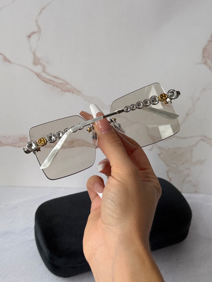 Gucci GG0644S Silver Rimless Star Lens Crystal Sunglasses