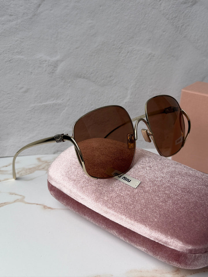 Miu Miu MU A57S Gold Brown Oversized Round Sunglasses