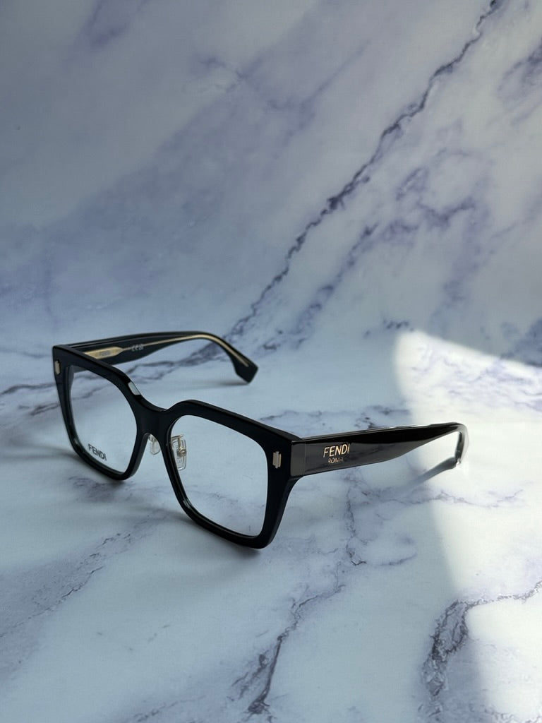Fendi black square eyeglass frames angled view with clear lenses