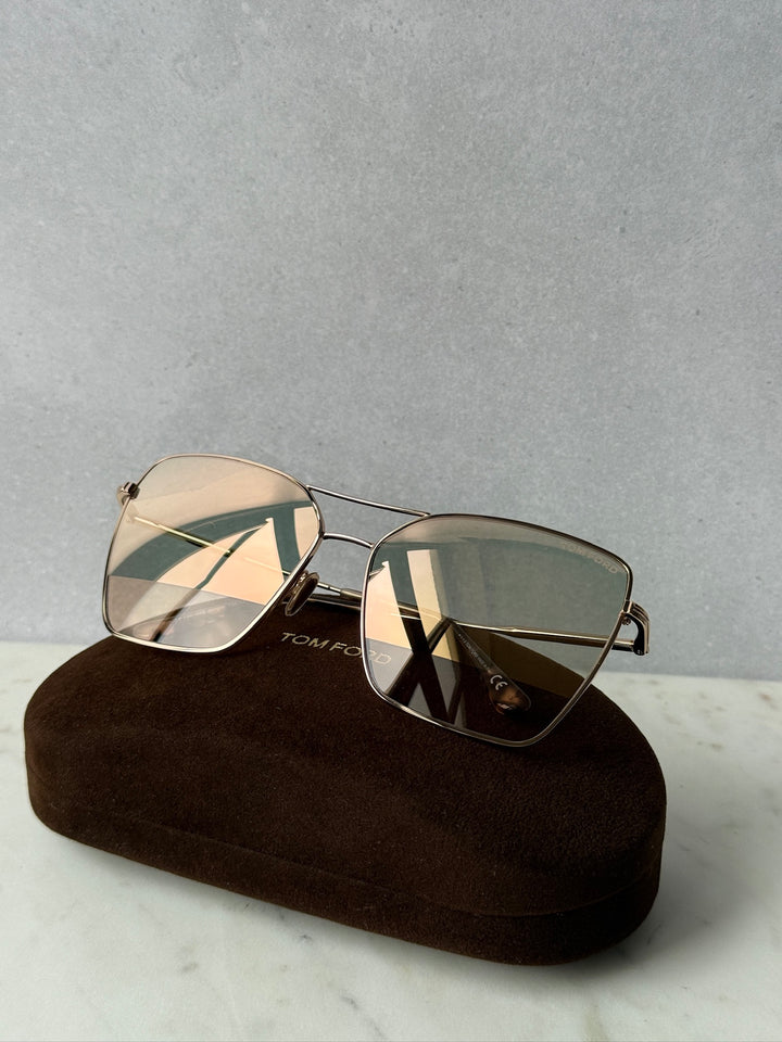 Gold mirror aviator sunglasses with square-rectangle tinted lenses and thin metal frame