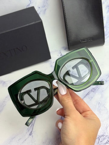 Green rectangular sunglasses with mirrored lenses and V-shaped temple detail