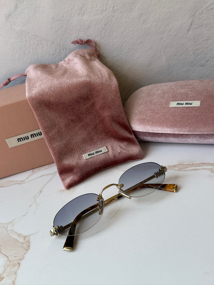 Miu Miu MU A54S Gold Blue Oval Rimless Sunglasses