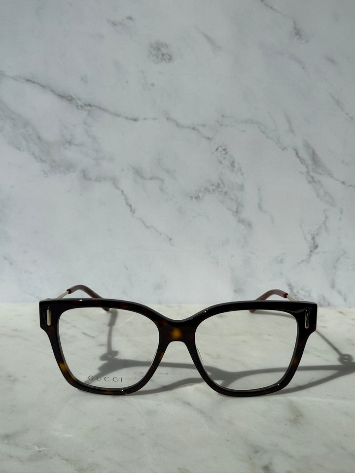 Gucci Havana brown eyeglasses, front view with clear lenses