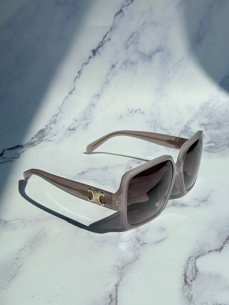 Taupe square sunglasses angled view, dark tinted lenses, gold &