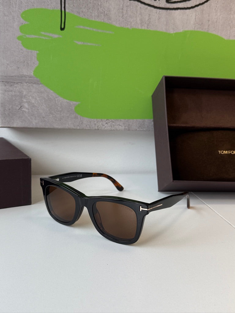 Tom Ford black square clip-on sunglasses with brown lenses and tortoise temple tips