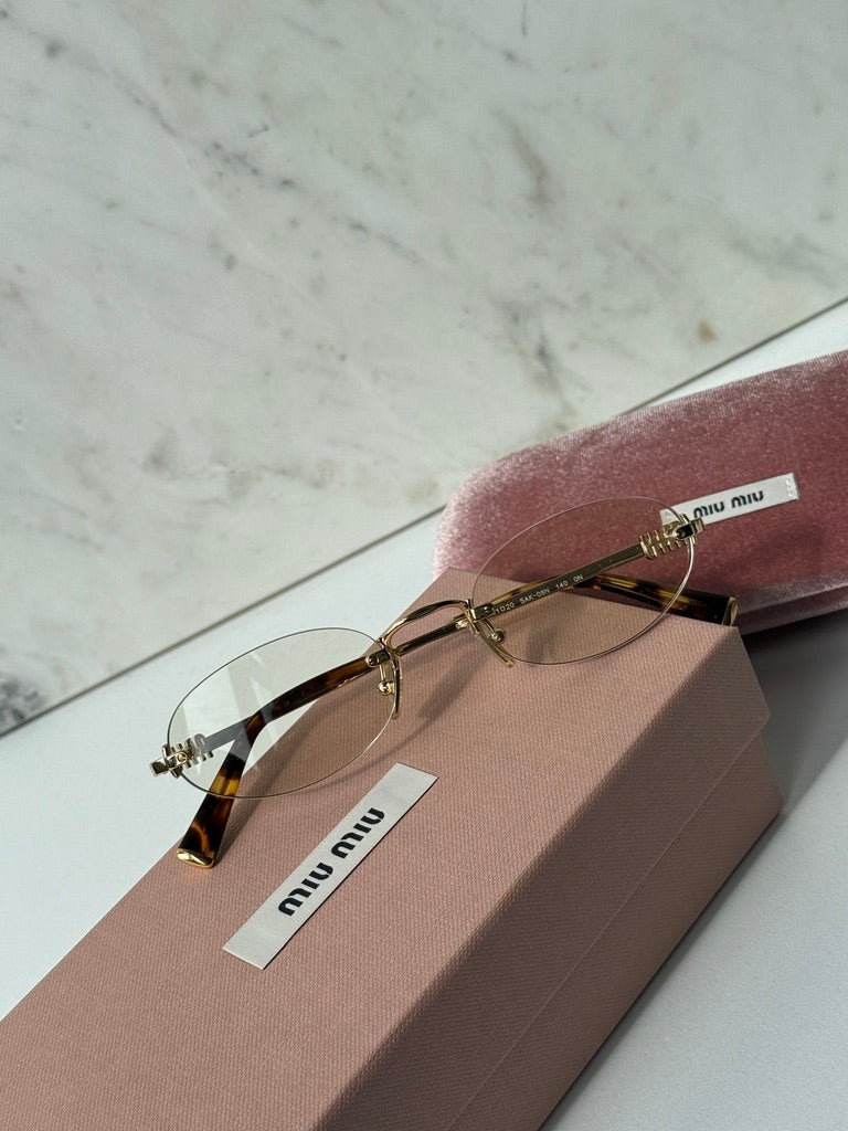 Miu Miu MU A54S Gold Bluelight Oval Rimless Sunglasses