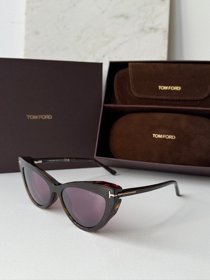 Tom Ford cat-eye clip-on sunglasses, black frame with pink-tinted lenses