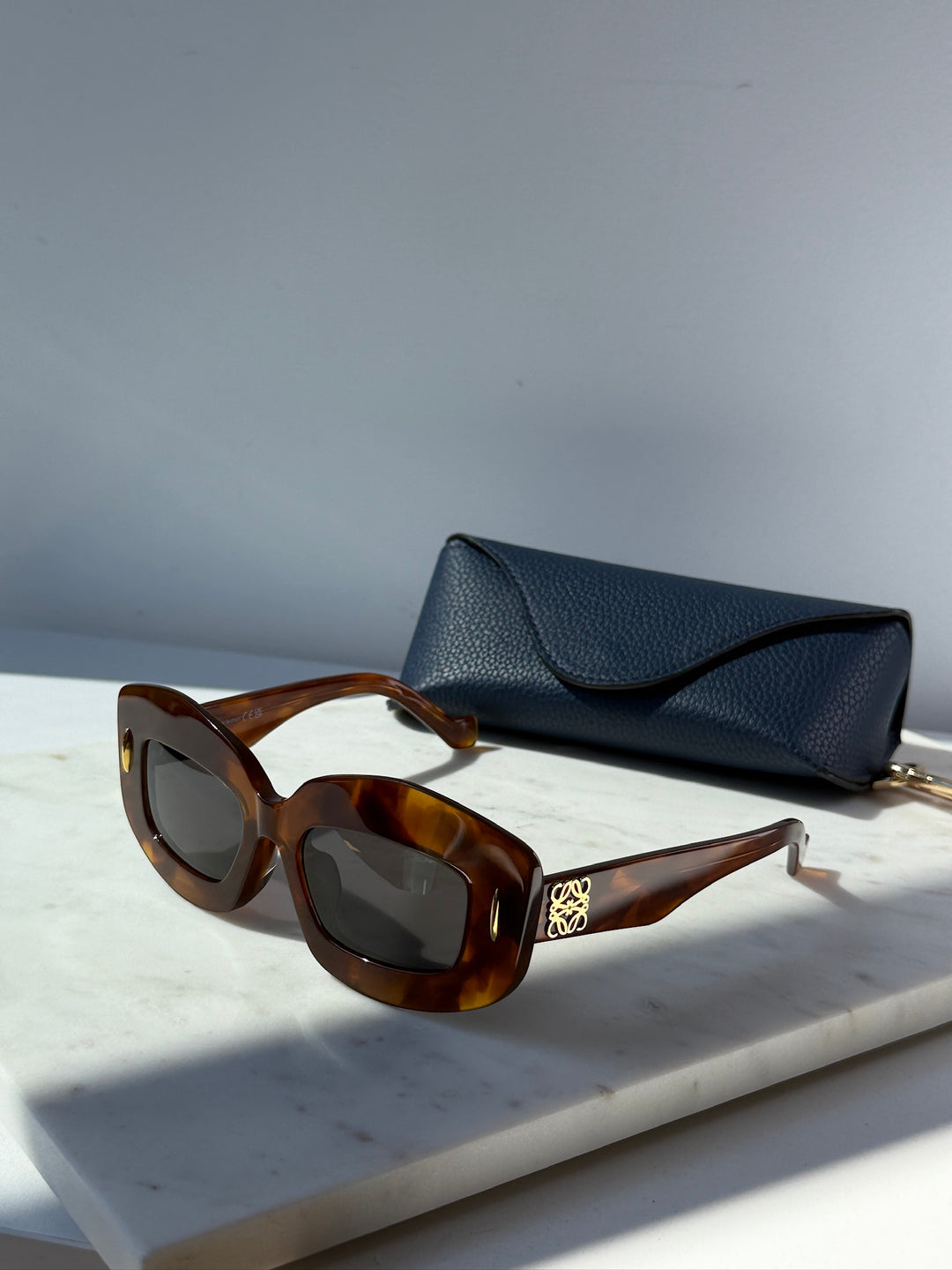 Loewe Havana brown anagram sunglasses with dark lenses, shown with blue case