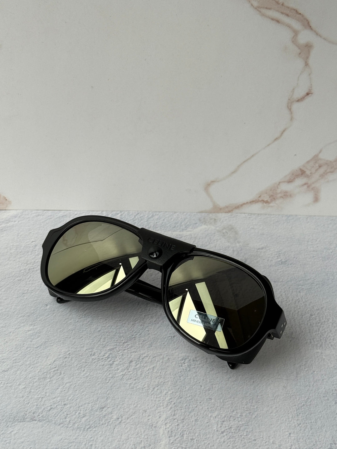 Celine CL40301U Black Leather Shield Aviator Sunglasses