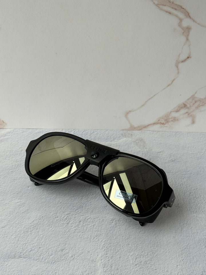 Celine CL40301U Black Leather Shield Aviator Sunglasses