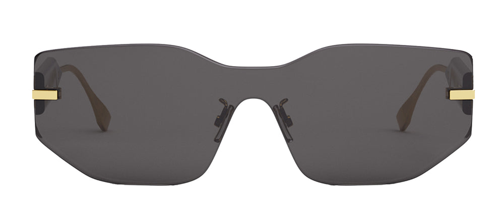 Fendi Fendigraphy black sunglasses, wraparound dark lenses and gold temple accents
