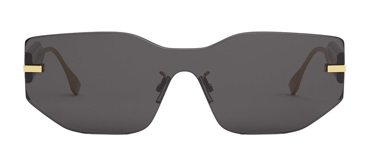 Fendi Fendigraphy black sunglasses, wraparound dark lenses and gold temple accents