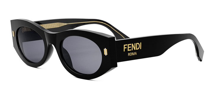 Black cat-eye sunglasses with round dark lenses, FENDI logo on temple