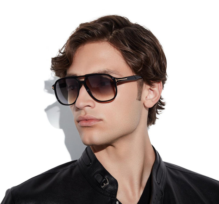 Raoul sunglasses by Tom Ford, black frames with gray lenses, side angle