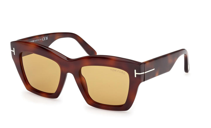 Tortoiseshell square sunglasses with amber lenses and metal T logo on temple