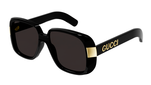 Gucci black square logo sunglasses with dark lenses and gold-tone logo temple