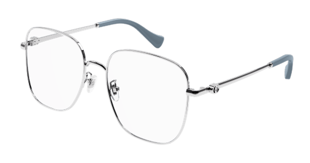 Gucci square metal glasses in silver with light tinted lenses, angled side view