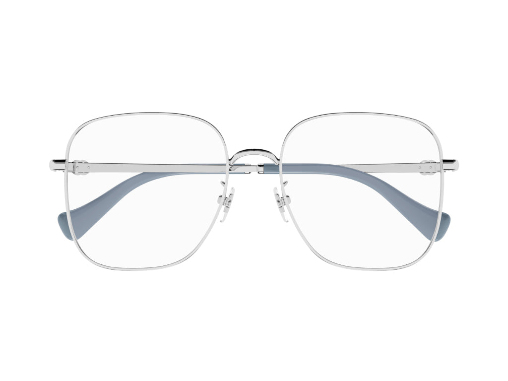 Gucci square metal glasses in silver with clear lenses, front view