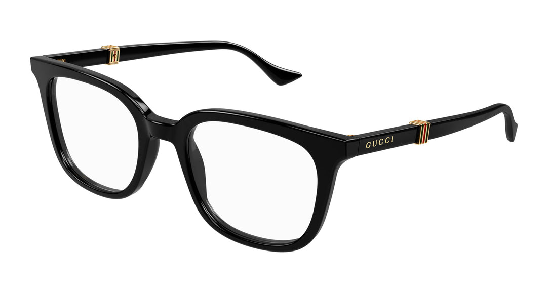Gucci black rectangular eyeglass frames with GG logo on temple