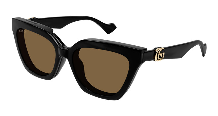 Gucci GG1542S black clip-on sunglasses with oversized frames, brown tinted lenses, gold logo detail