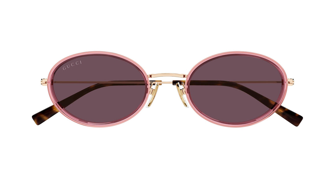 Gucci oval pink sunglasses with dark lenses, gold frame, and tortoise-pattern arms