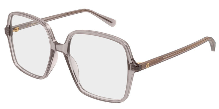 Gucci transparent grey rectangular eyeglass frames with gold-tone temples