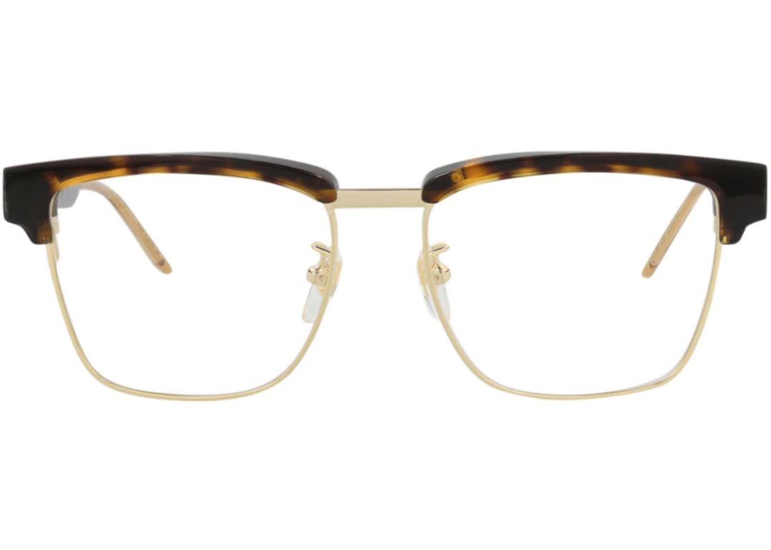 Dark tortoiseshell eyeglass frames with gold metal temples and round-rect lenses