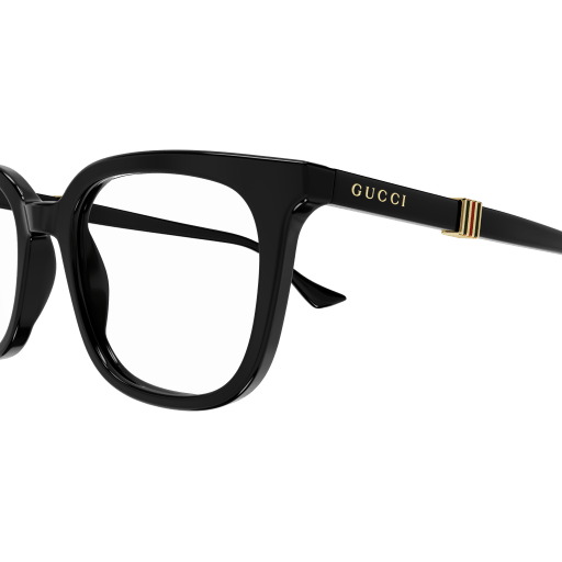 Gucci black eyeglass frame temple with GG logo and multicolor stripe