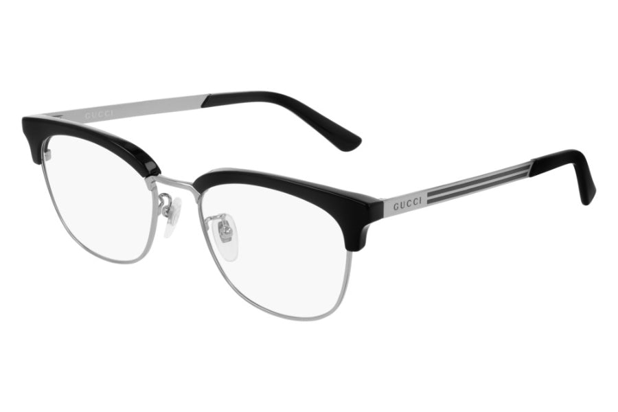 Gucci GG0698OA black eyeglasses with silver metal temples and clear lenses